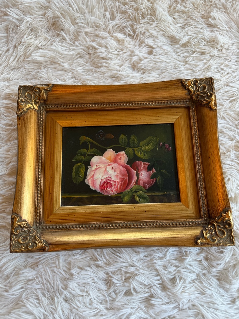 Antique Framed Floral Oil Painting with Pink Roses - Picture 3 of 9